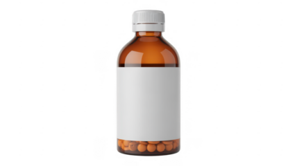 Amber Bottle with White Label and Pills medication isolated on a transparent background