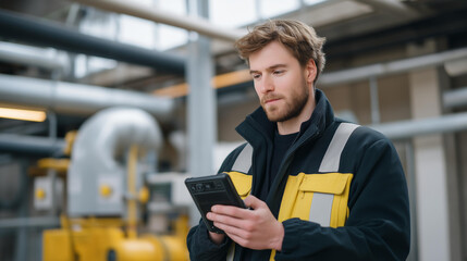 Worker adjusting valves in a district heating plant, pipes stretching overhead as steam data displays update instantly on a handheld controller — thermal energy distribution, urban heating systems,