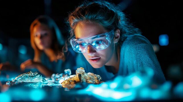 Young female geologist examining glowing rock samples in dark, high-tech science laboratory setting while wearing protective eyewear.