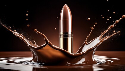 rich brown cosmetic bullet emerges from a dynamic chocolate liquid splash