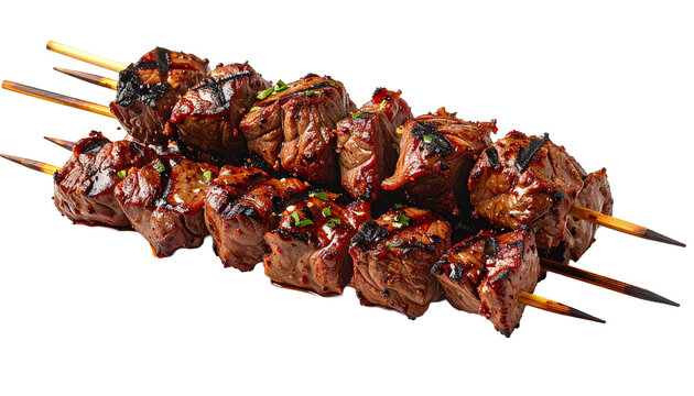 Juicy grilled beef skewers, marinated shish kebabs on wooden sticks. Barbecued meat cubes garnished with herbs, a delicious appetizer or main course, isolated with a transparent background.
