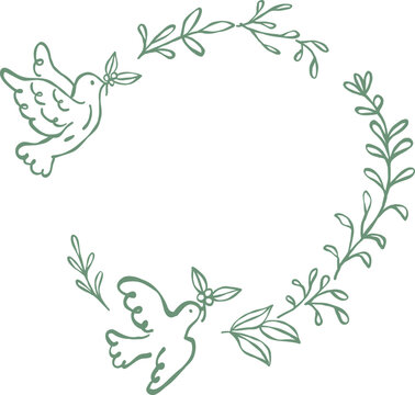 Friedenstaube mit Kranz. Symbole f&uuml;r Taufe und Erstkommunion,der Glaube an Gott, Christen, Einladung zur Konfirmation, Firmunf, Taufe, Heirat, vektor.