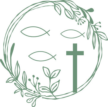 Christliches Kreuz mit Fisch . Symbole f&uuml;r Taufe und Erstkommunion,der Glaube an Gott, Christen, Einladung zur Konfirmation, Firmunf, Taufe, Heirat, vektor, isoliert.
