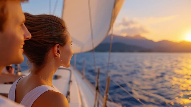 Young couple on sailboat at sunset watch the ocean; woman turns toward the horizon as the boat glides forward, sail and mast shift, sea breeze flows, orange light on calm waves. Sunlight sparkles.