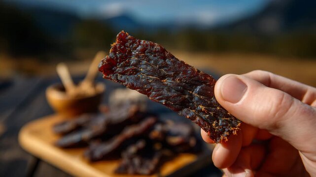 Close-up of a hand holding a strip of beef jerky, textured surface and fibrous detail in focus, blurred background of rustic table, snack-on-the-go concept