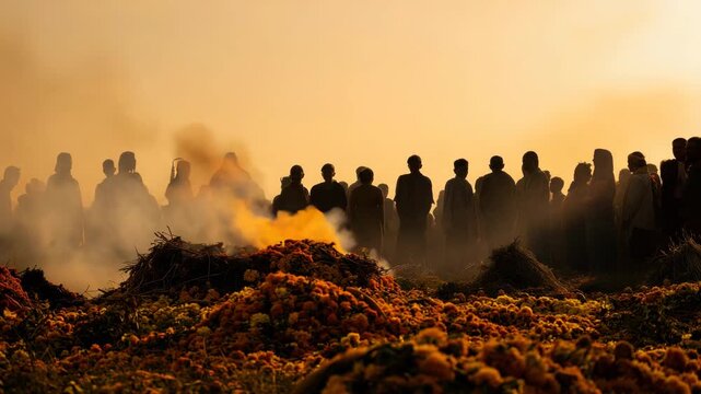 a Hindu funeral pyre ceremony at dawn, a large community gathered in silhouette around a small burning fire