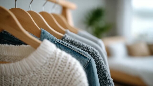 Close-up of a hanger stand with layered clothing textures, rough denim, smooth cotton, soft knit, contrasting materials visible in detail, neutral bedroom background, concept of da