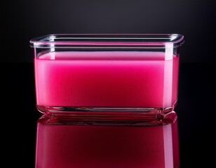 rectangular clear container holds vibrant crimson viscous liquid product centered on a reflective surface