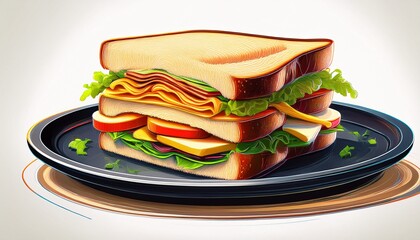 glowing digital representation of a stacked sandwich served on a dark circular dish against a white background