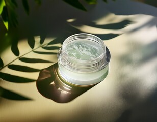 cosmetic gel product sits in a clear glass container under dramatic natural light and leaf shadows