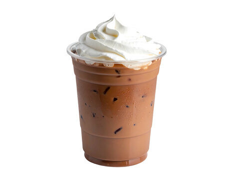 Iced coffee beverage in clear plastic cup, topped with fluffy white whipped cream
