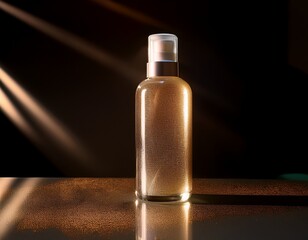 shimmering body liquid cosmetic product rests on a reflective surface with dramatic shadow play
