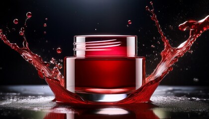 vivid red cosmetic liquid splashes dynamically from its glass container onto a dark surface