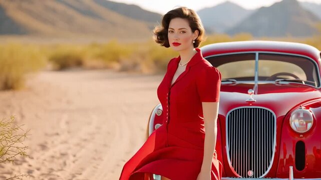 Cinematic portrait of stylish brunette in red dress standing by glossy vintage red car in desert at sunset, turning head and shifting pose as warm light flares over distant mountains.