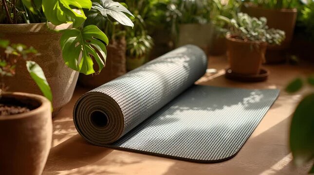 Rolled yoga mat on sunlit floor among potted indoor plants, serene home exercise space with textured mat, leafy greenery and calming morning practice