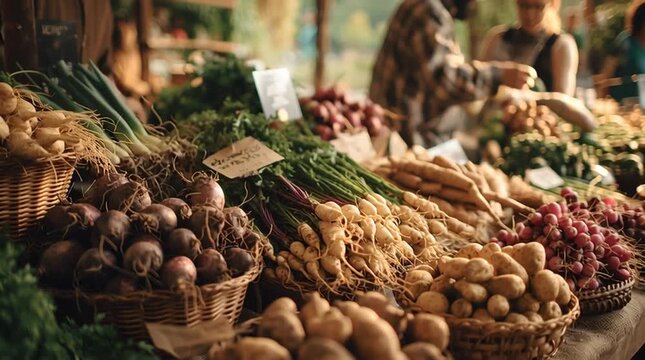 Fresh organic root vegetable display farmers market with potatoes radish beet market farmers fresh organic harvest rustic baskets and hand selecting