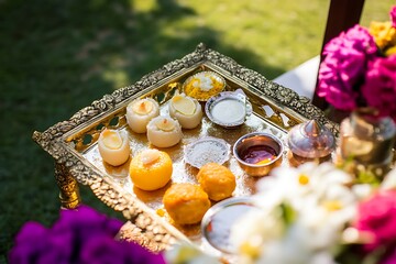 Indian sweets and offerings on ornate tray ultra hd photo