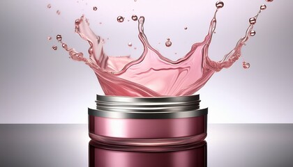 pink cosmetic fluid splashes dynamically upward from a small round metal container