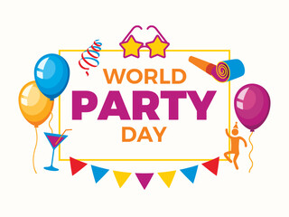 World Party Day poster with party tools vector illustration. Party colors icon set. Celebration and party symbols. Template for background, banner, card. April 3 every year. Important day