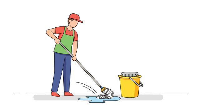 Person wearing uniform cleans floor with mop and bucket to maintain hygiene and cleanliness in commercial or residential setting for healthy