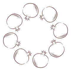Pomegranate fruit wreath in line art style. Design for vegan textile isolated on white background.