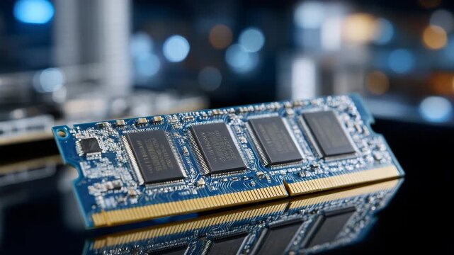 Close-up of DDR5 RAM resting on a polished glass table, reflected twice on the surface, cool blue lighting, clean high-tech aesthetic representing next-generation memory and premiu