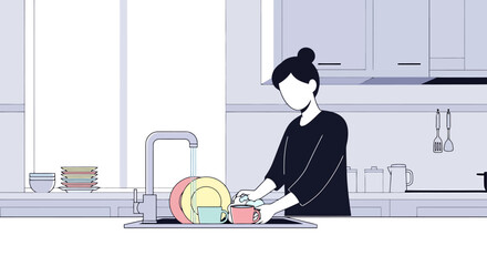 Woman washing dishes in kitchen sink modern home domestic chores daily routine healthy lifestyle clean environment household task routine maintenance