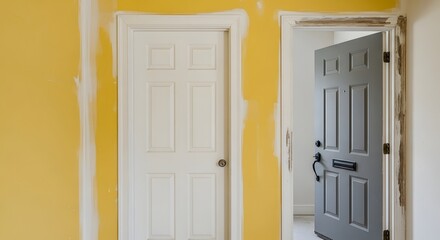 Interior hallway with white and gray six panel doors in partially painted yellow walls