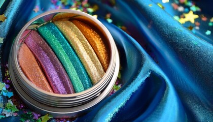 compact powder cosmetic product featuring iridescent stripes rests upon shimmering fabric and scattered glitter