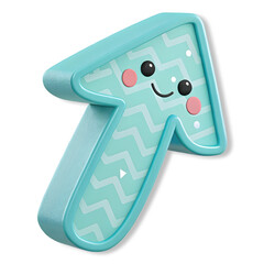 Cute teal 3D arrow with zigzag pattern and smile on transparent background