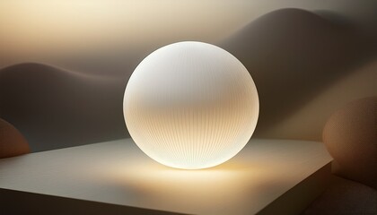 luminous white sphere floats against a soft pale background