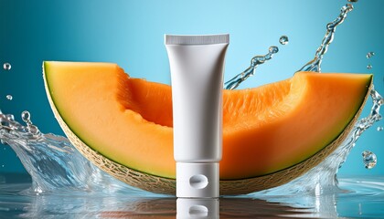 cosmetic product tube stands next to a splashing slice of fresh cantaloupe melon