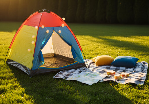 Backyard camping tent adventure kids playing inside with flashlights and sleeping bags at night summer