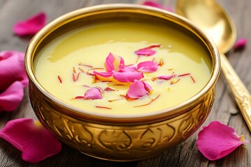 Kesar badam pista kheer dessert in golden bowl ultra hd photo