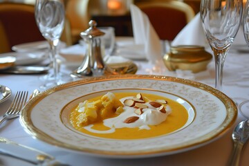 Gourmet pumpkin soup with cream and almonds ultra hd photo