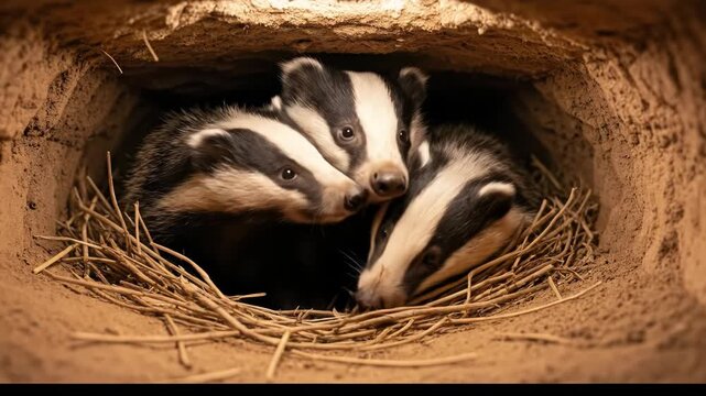 A group of curious young badgers peeking out from their burrow.