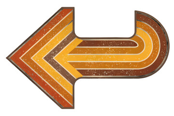 Retro 70s style striped curved arrow pointing left on transparent background