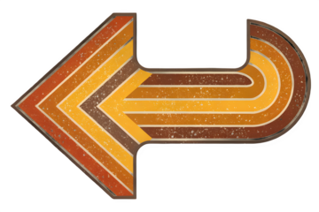 Retro 70s style striped curved arrow pointing left on transparent background