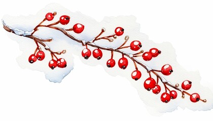 Hand-painted watercolor snow-covered branch with tiny red berries, top view