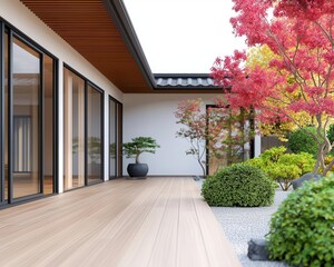 Openconcept Japanese house with a floating wooden deck, zen courtyard, and soft natural hues