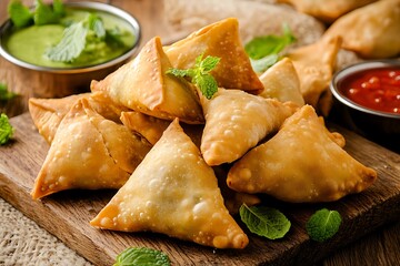 Crispy indian samosas with dipping sauces ultra hd photo