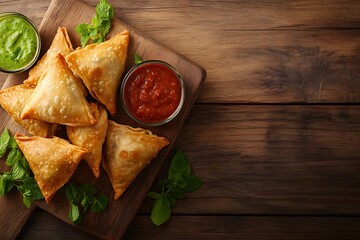 Indian samosas served with dipping chutneys on a rustic wooden board ultra hd photo