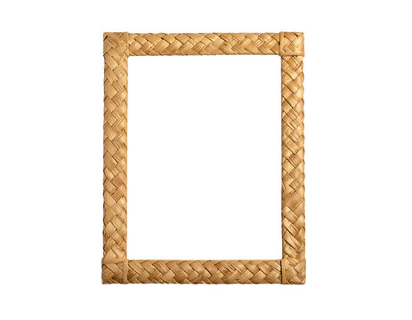 Rectangular frame crafted from woven, light brown natural material. Dark background