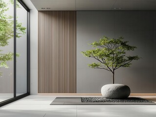 Japanese minimalist home with a rock garden centerpiece, clean lines, and soft ambient lighting