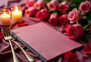Valentine&rsquo;s Day menu mockup with roses and candles, romantic atmosphere, copy space