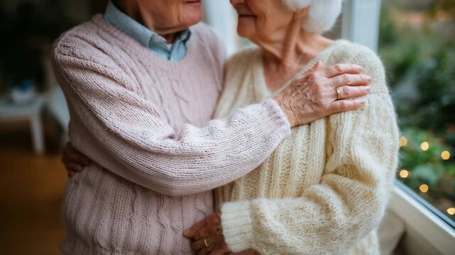 Cropped intimate view of senior couple, linked arms and soft pastel knitwear, gentle lighting highlighting textures, peaceful and affectionate companionship visual