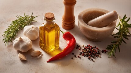Culinary Still Life: An inviting array of fresh ingredients for creating culinary masterpieces, featuring aromatic herbs, zesty peppers, and fragrant garlic.