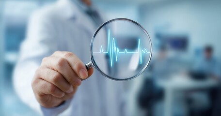 The Magnifying Glass Revealing A Glowing Heartbeat on a Blurred Medical Background