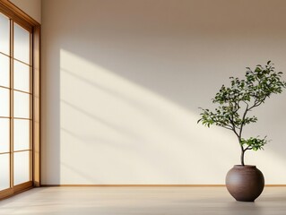 Modern minimalist interpretation of a Japanese house with clean lines and a tranquil, soft atmosphere