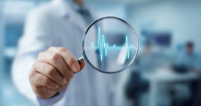 The Magnifying Glass Revealing A Glowing Heartbeat on a Blurred Medical Background - Powered by Adobe